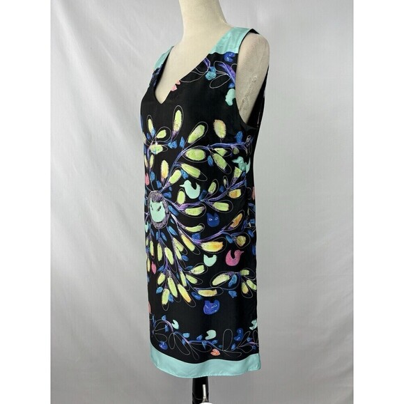 Loup Silk Dress 42 Black Bright Print V-neck Midi Side Zip Sleeveless French - Picture 13 of 13